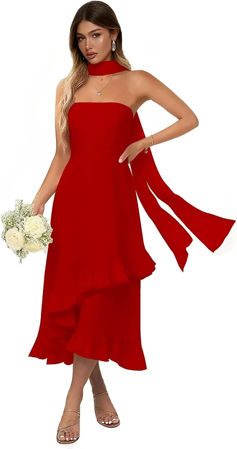 Женское вечернее платье с воланами и шарфом из шифона Tea Length, Red