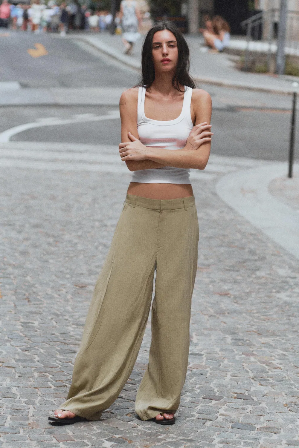 Полосатые плиссированные струящиеся брюки ZARA, Grey green