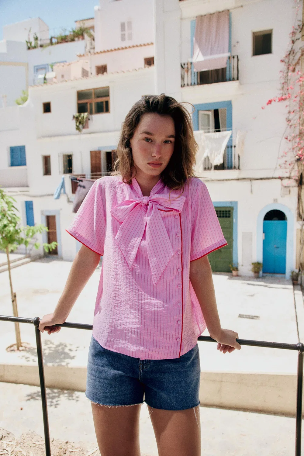 Полосатый топ с завязками на шее ZARA, Pink — фото 2
