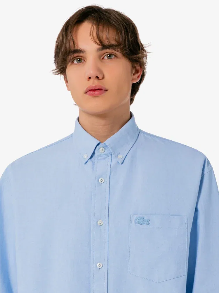 Рубашка длиннорукавная хлопковая Oxford Relaxed Fit LACOSTE, Light Blue — фото 2