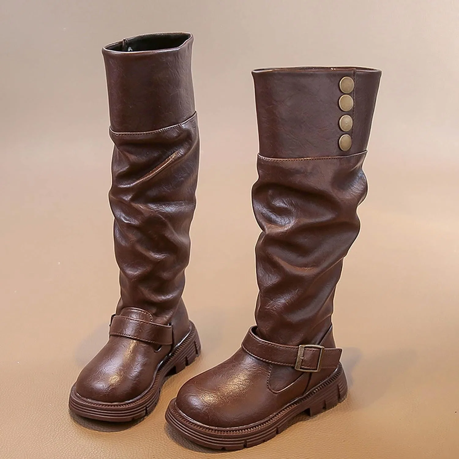 Детские сапоги для девочек с ремешком и пряжкой Slouch Boots, Brown — фото 2