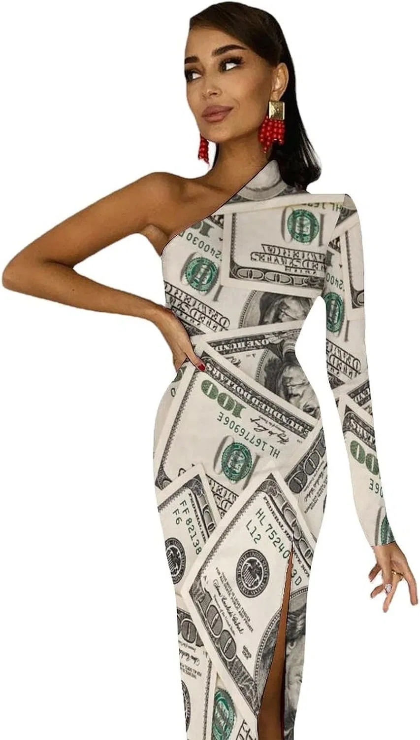 Женское одно плечо платье с разрезом Money American Hundred Dollar Bills, Style — фото 4