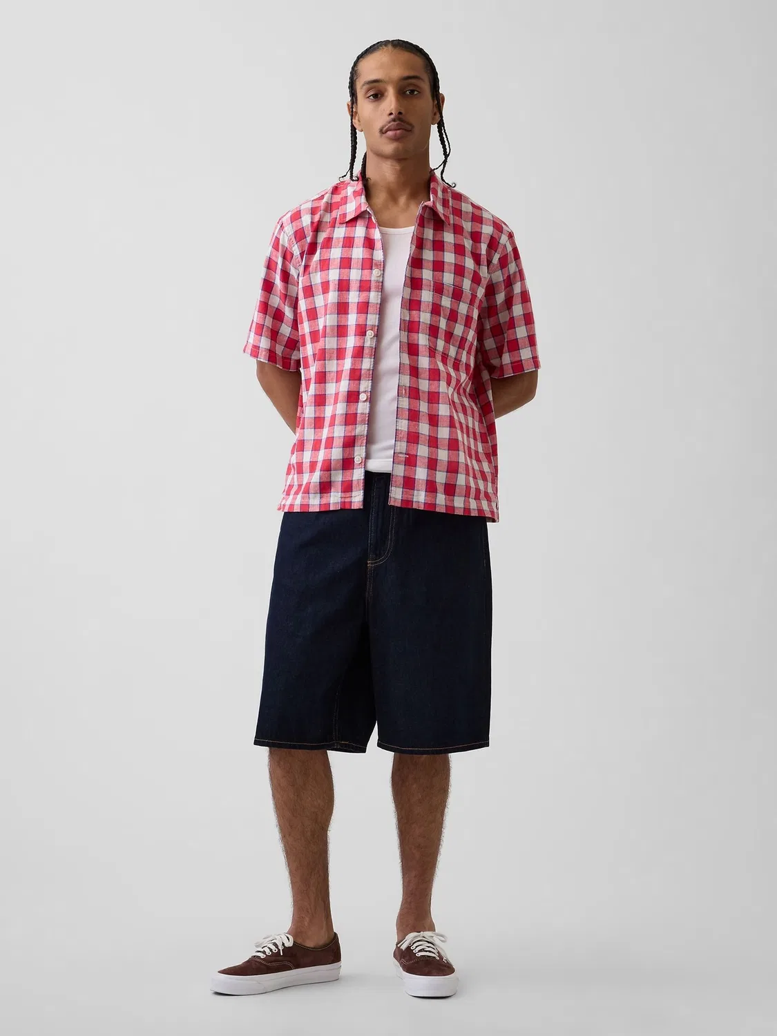 Рубашка из льна и хлопка Gap Red Check, свободный крой — фото 3