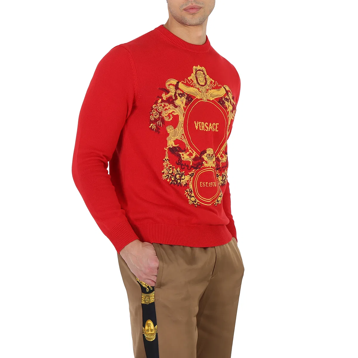 Свитер с интарсией и жаккардовым логотипом Red Intarsia Knit Jacqurd Sweater Versace, Red — фото 3