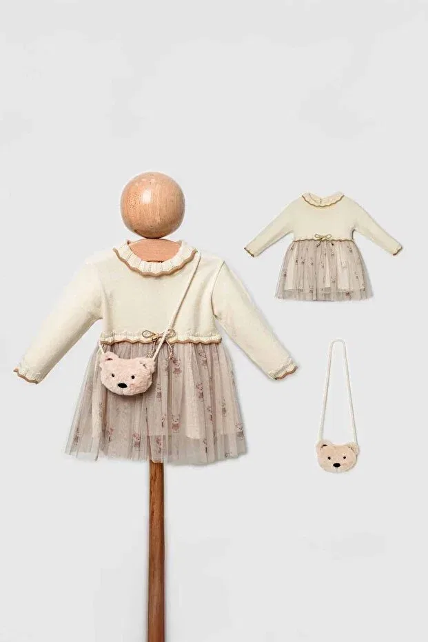 Детский комплект для девочек с принтом Teddy Bear Bag and Tulle Skirt Minigimin Cicileri, Cream — фото 3