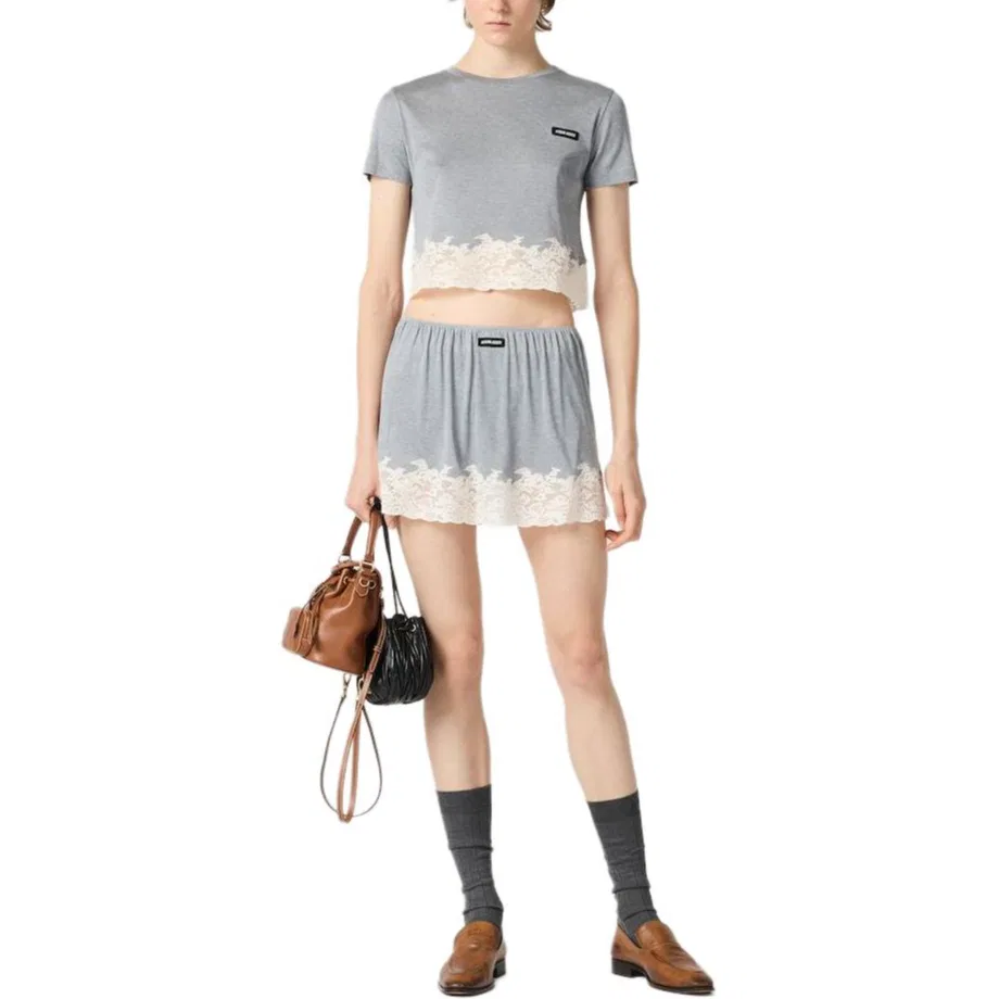 Женский топ-кроп с круглым вырезом MIU MIU, Gray White — фото 3
