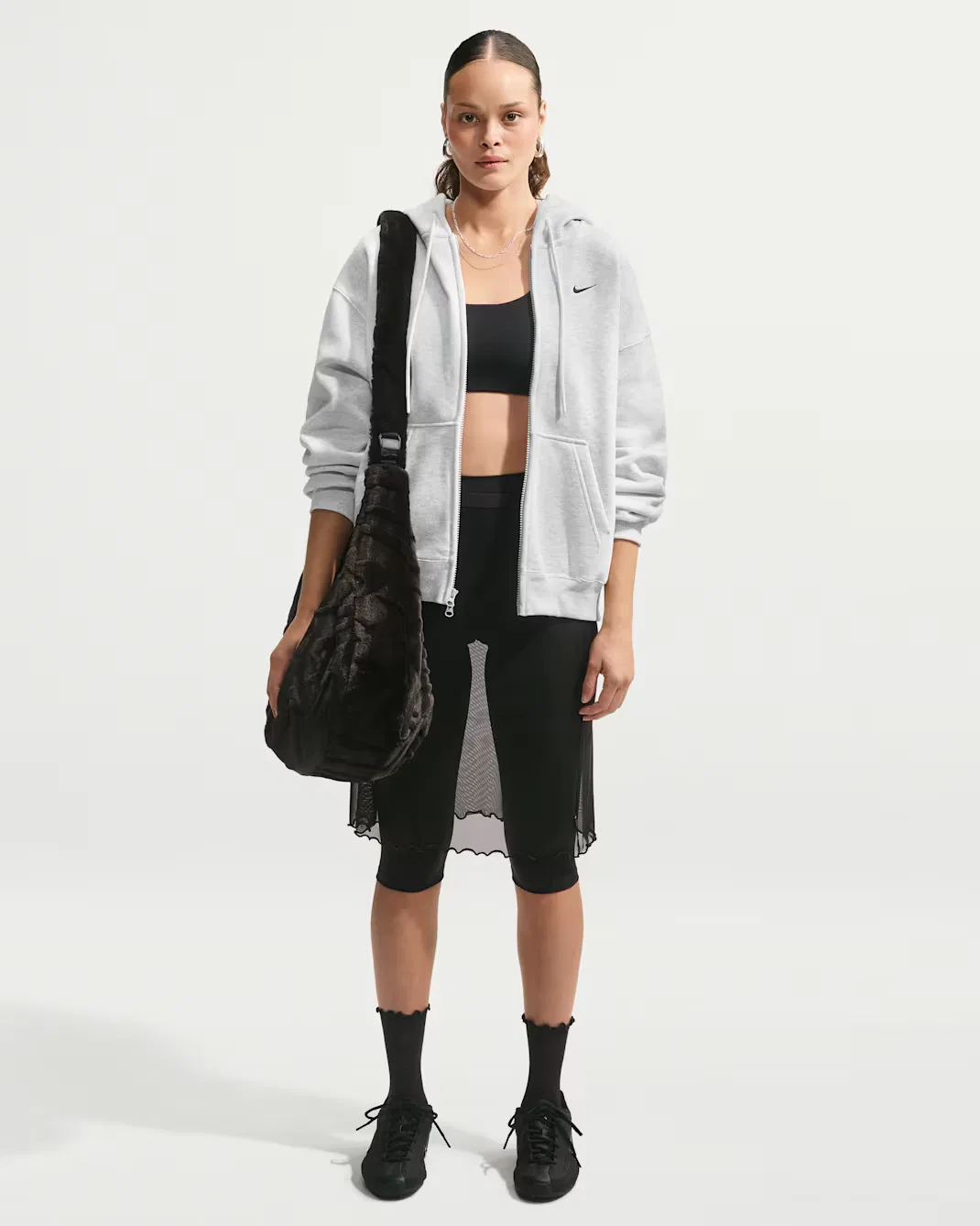 Женская толстовка оверсайз на молнии Nike Studio Fleece Medium Weight, Birch Heather/Black — фото 4