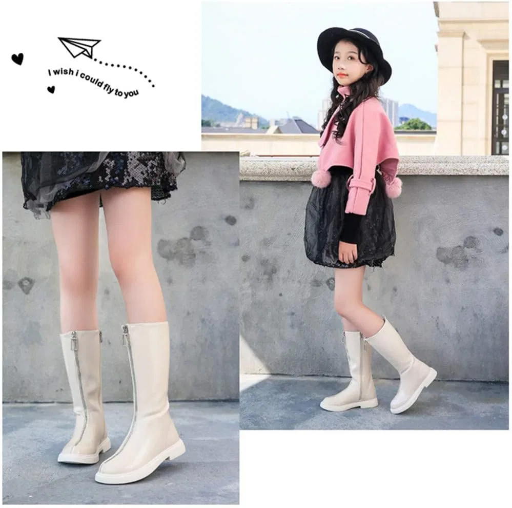 Детские сапоги для девочек с молнией Dayiss Fashion Girl's Waterproof Front Zipper Tall Riding Boots DAYISS, Beige — фото 3