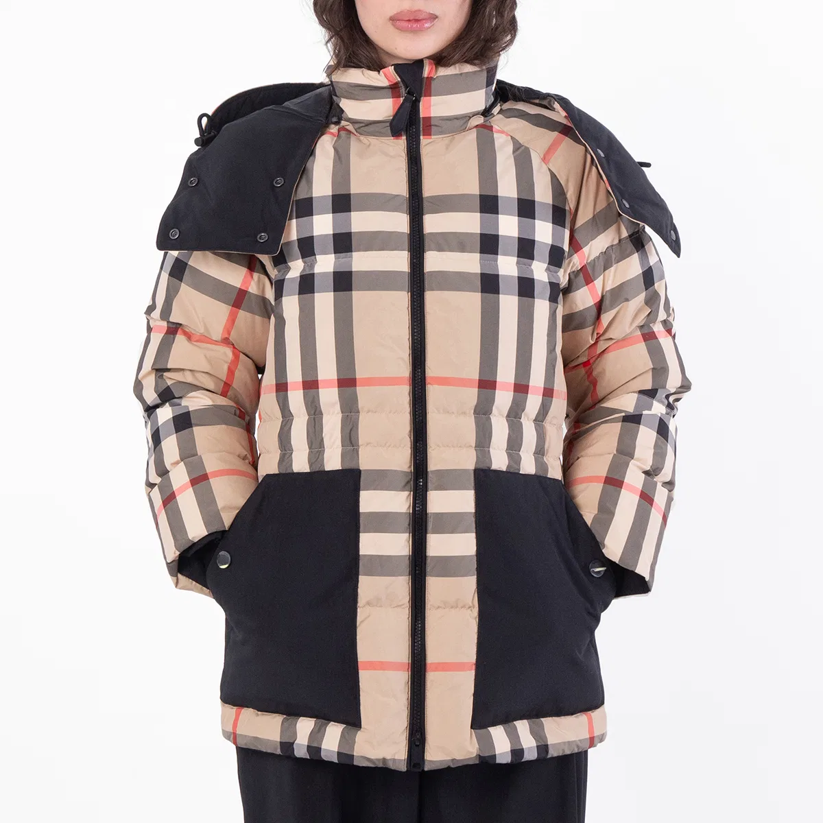 Пуховик с капюшоном Checked Hooded Puffer Jacket Burberry, Beige