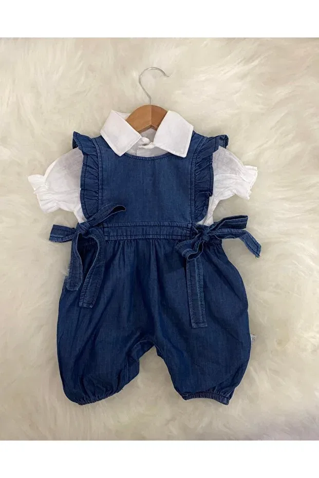 Детский комбинезон джинсовый с коротким рукавом Shirted Denim Overalls Baby Girl Combination Set Balbadem Baby Kids, Jeans — фото 2