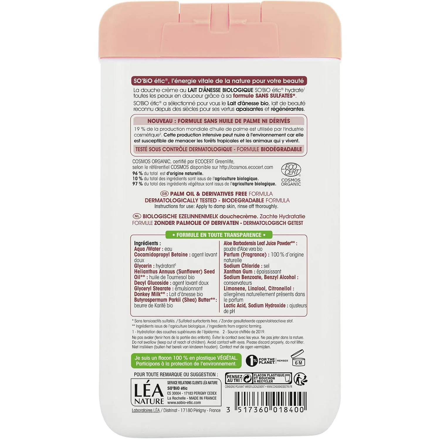 Увлажняющий крем для душа с молочком ослицы So'Bio Étic, 450 ml, Multicoloured — фото 2