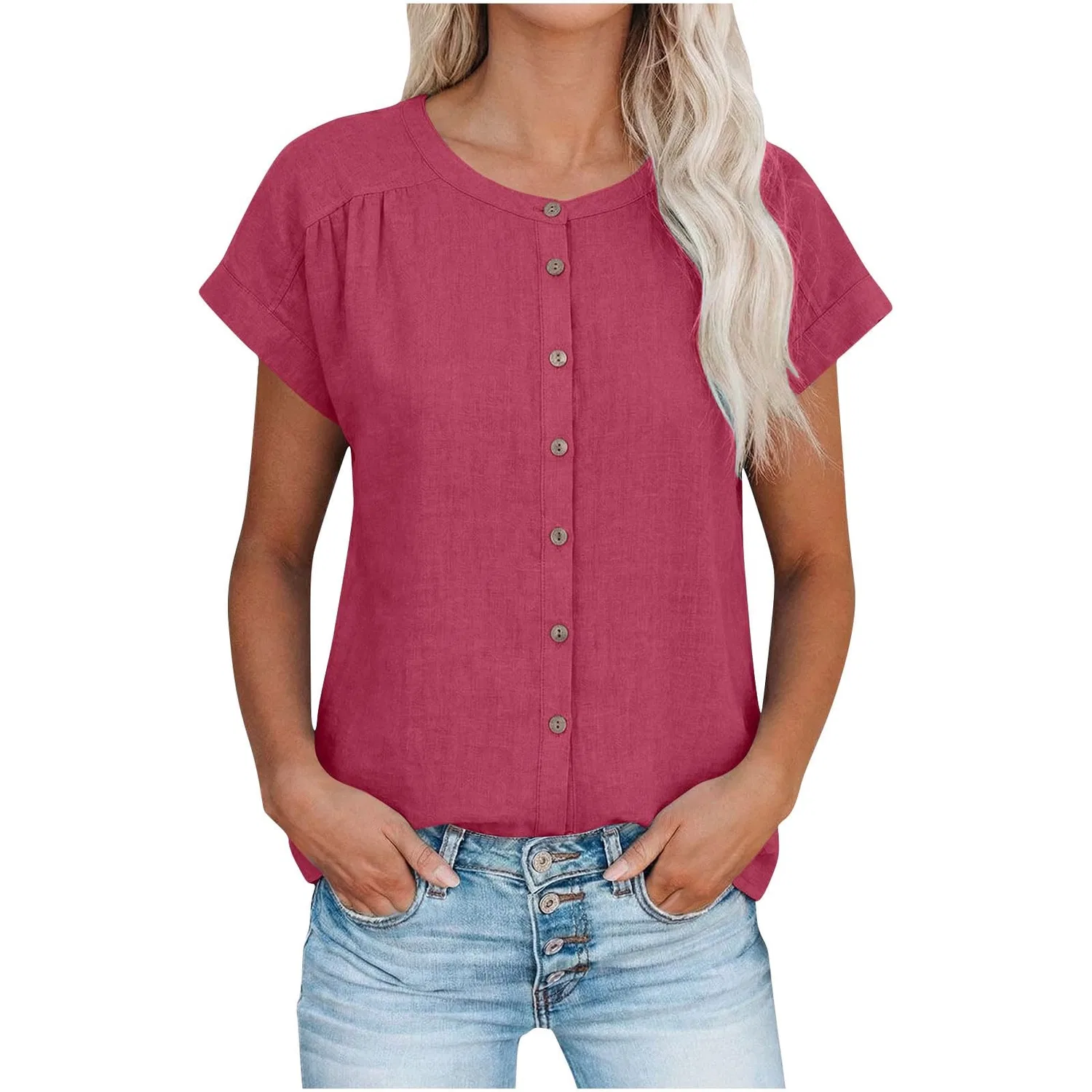 Женская льняная блузка с коротким рукавом, Za-hot Pink