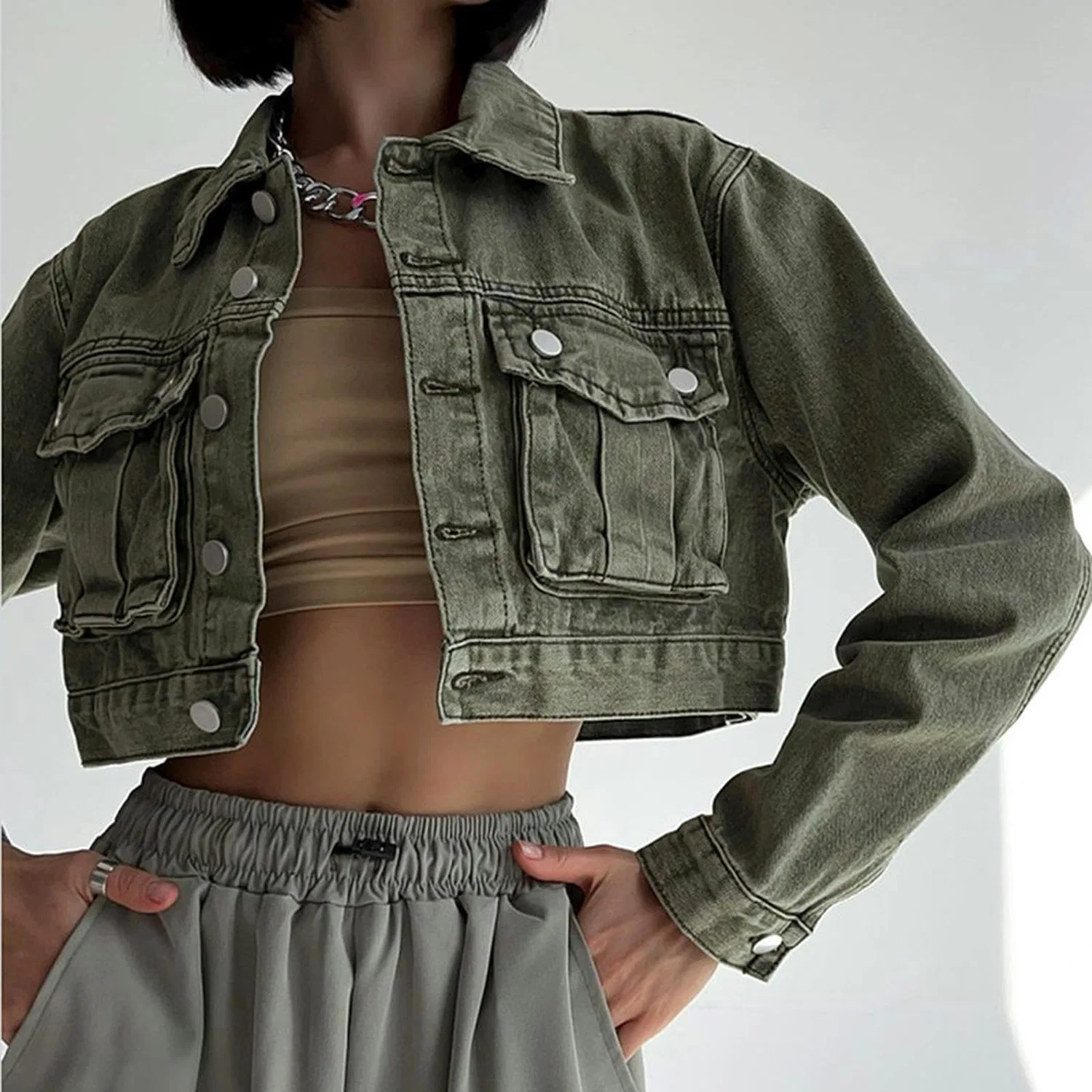 Женская джинсовая куртка с нагрудным карманом New European Style Fashion Top, green — фото 3