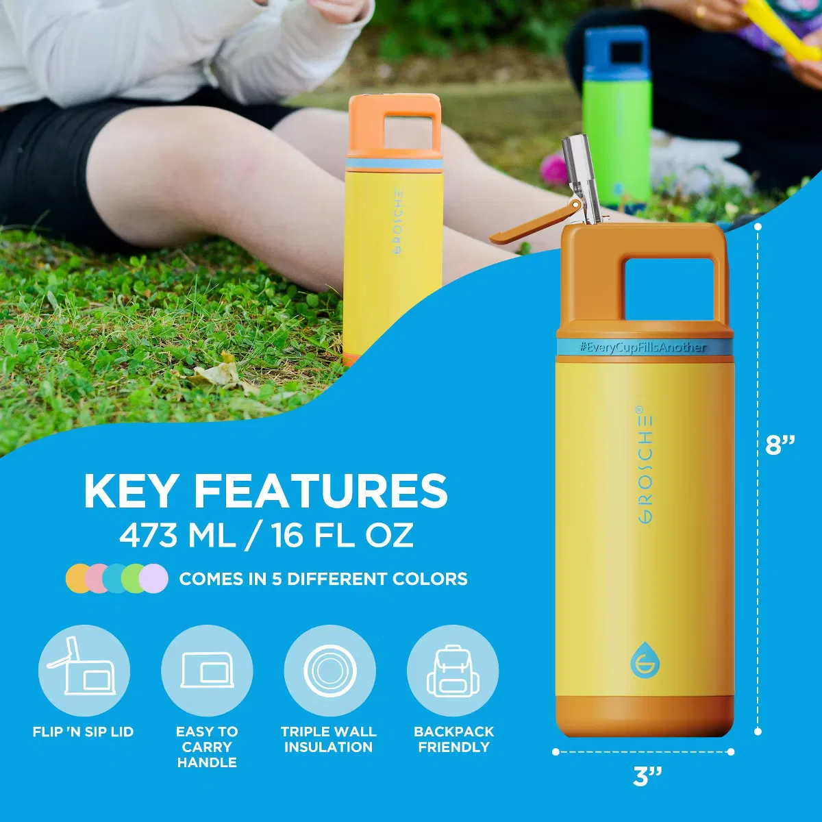Детская бутылка для воды 470 мл с тройной изоляцией ALPINE Flip 'N Sip Grosche, Sandcastle Yellow — фото 2