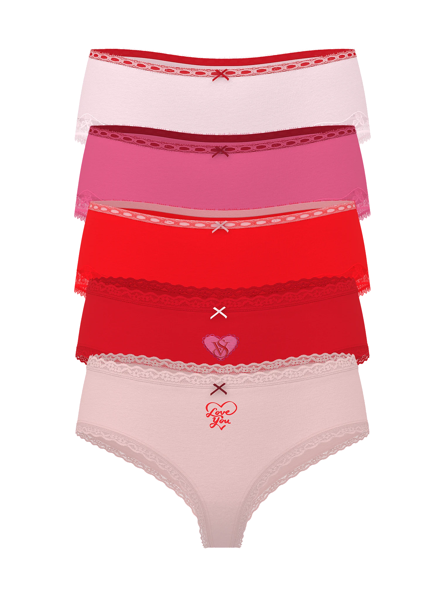 

Комплект трусов Victoria's Secret Cotton Lace-Trim Cheeky, 5 штук, красный/розовый