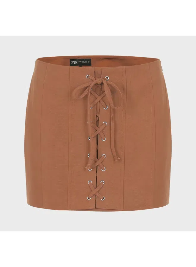 Юбка-трапеция мини с декоративным узлом Zara, коричневый — фото 2