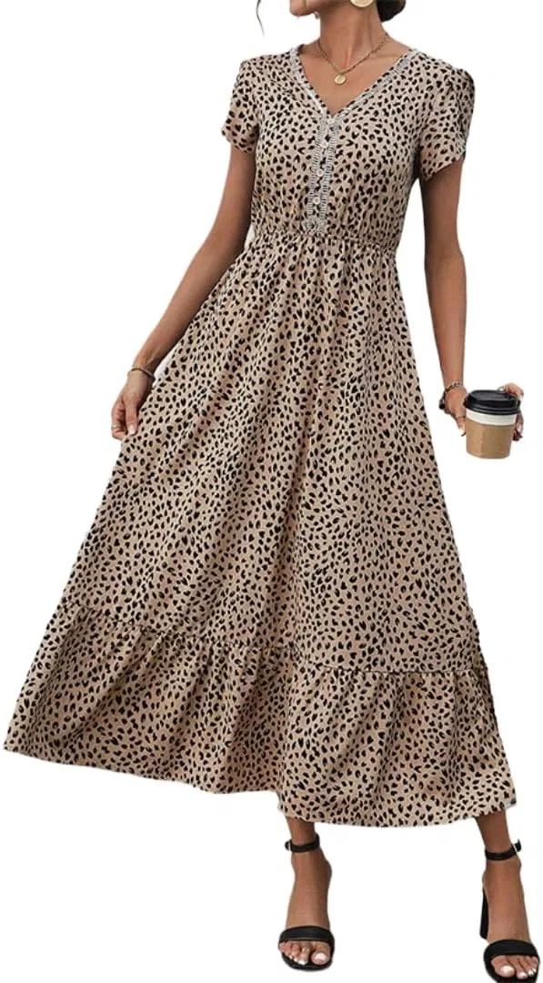 Женское платье-трапеция с принтом Leopard Print Ruffle Cinched Waist Short Sleeve V Neck Twirl Dress, хаки