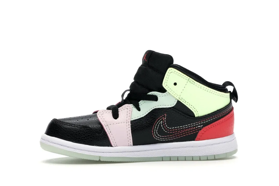 Детские кроссовки с принтом Jordan 1 Mid Glow-In-The-Dark Jordan, Black/Ember Glow-Barely Volt-Light Soft Pink-Jade Aura — фото 3