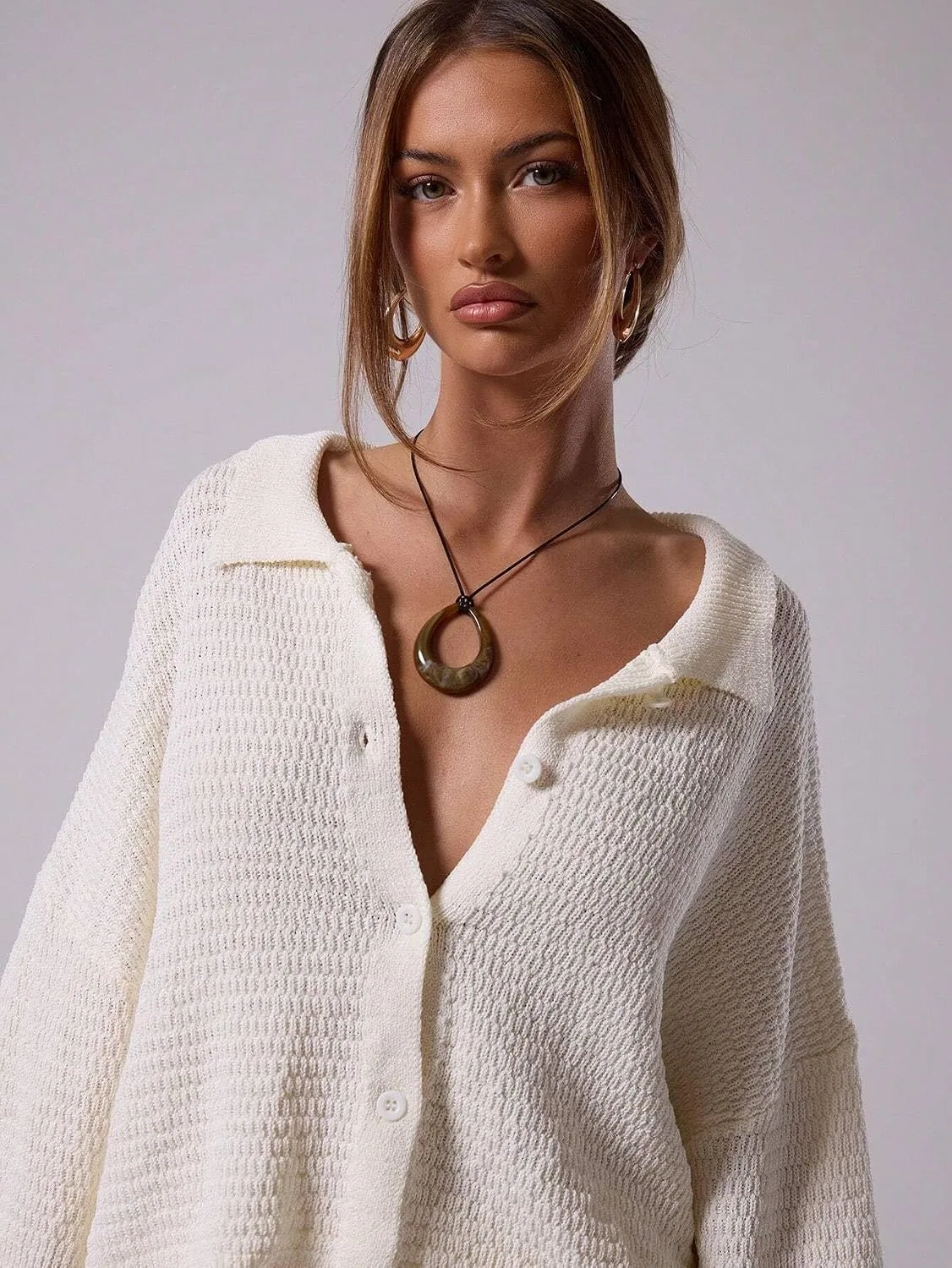 Женская пляжная накидка с воротником и пуговицами Knit Collared, White — фото 3