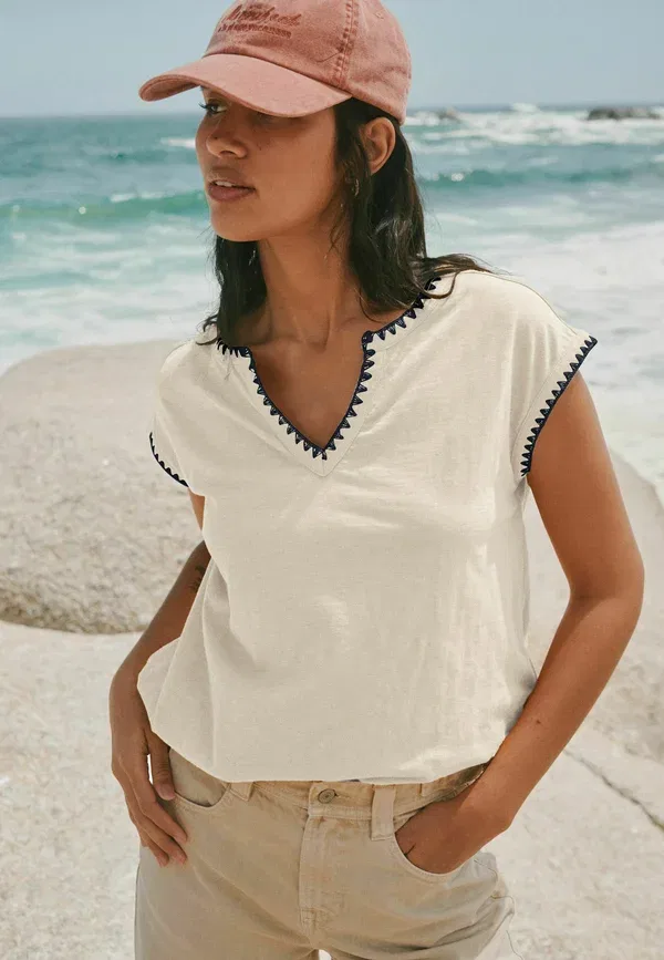 Топ хлопковый Regular Fit Bubblehem Notch Neck Whipstitch Short Sleeve Top Next, белый — фото 3