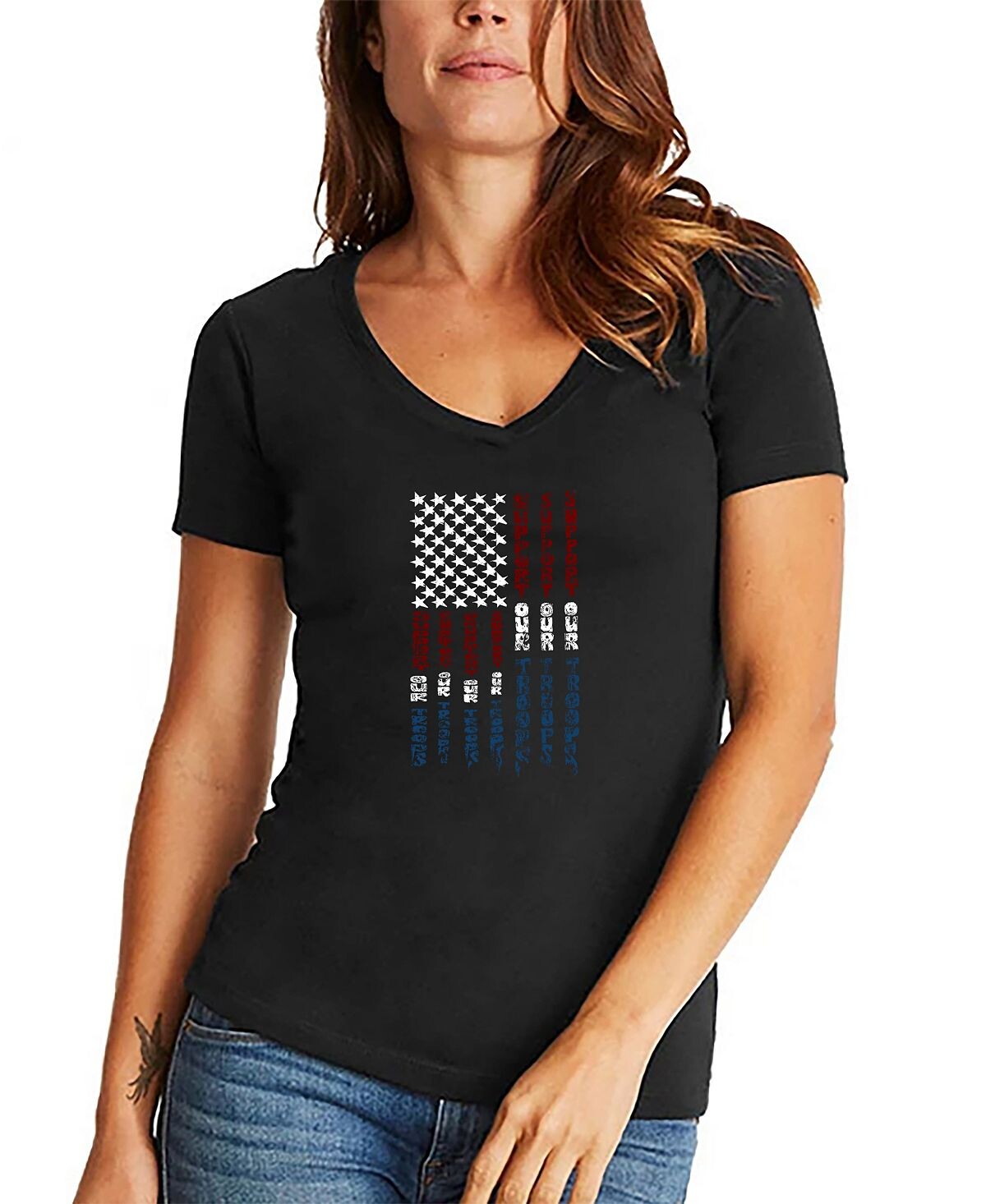 

Женская футболка с v-образным вырезом и надписью support our troops LA Pop Art, черный