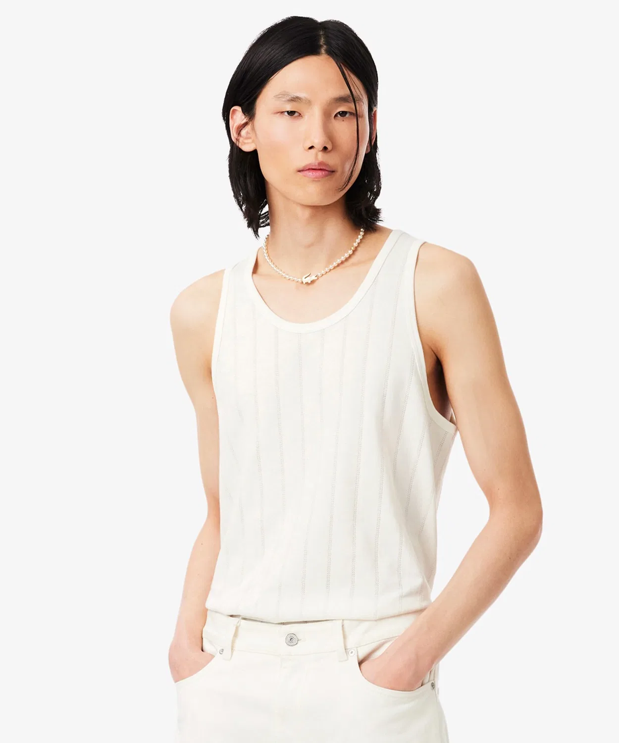 Мужской топ-безрукавка с полосатым принтом LACOSTE, Off White