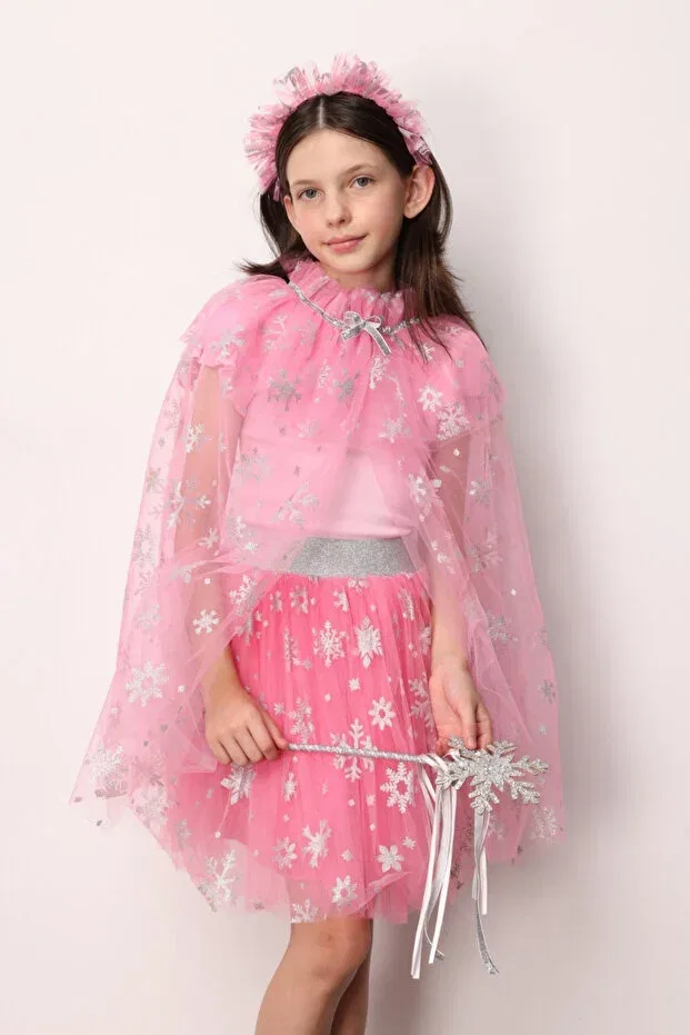 Детская юбка для девочек с принтом Fuchsia Snowflake Printed Girl's Tulle Skirt Pauline Le Mabelle, Fuchsia — фото 2