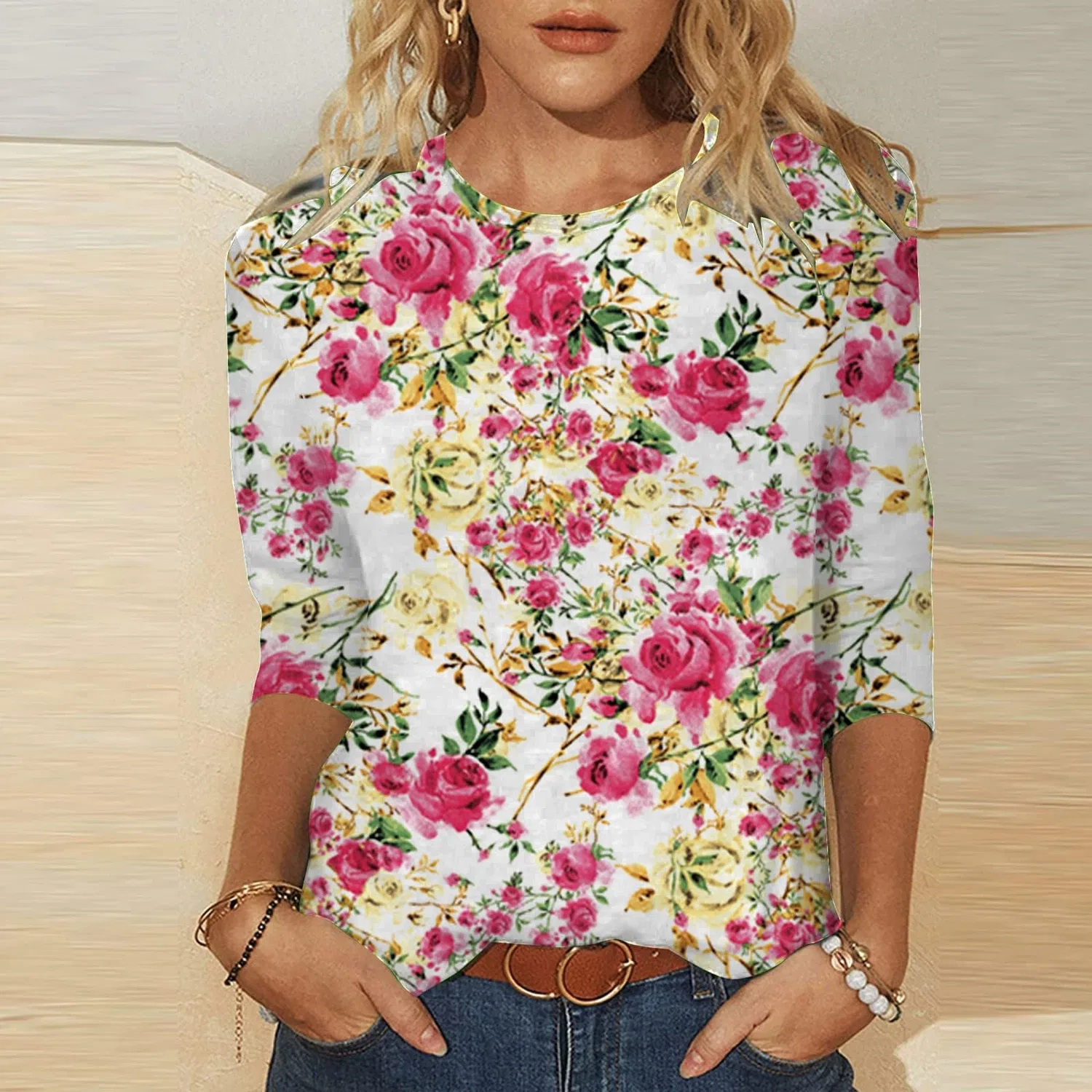 Женская футболка с принтом Plus Size T-Shirts 3/4 Sleeves, Hot Pink #2 — фото 2