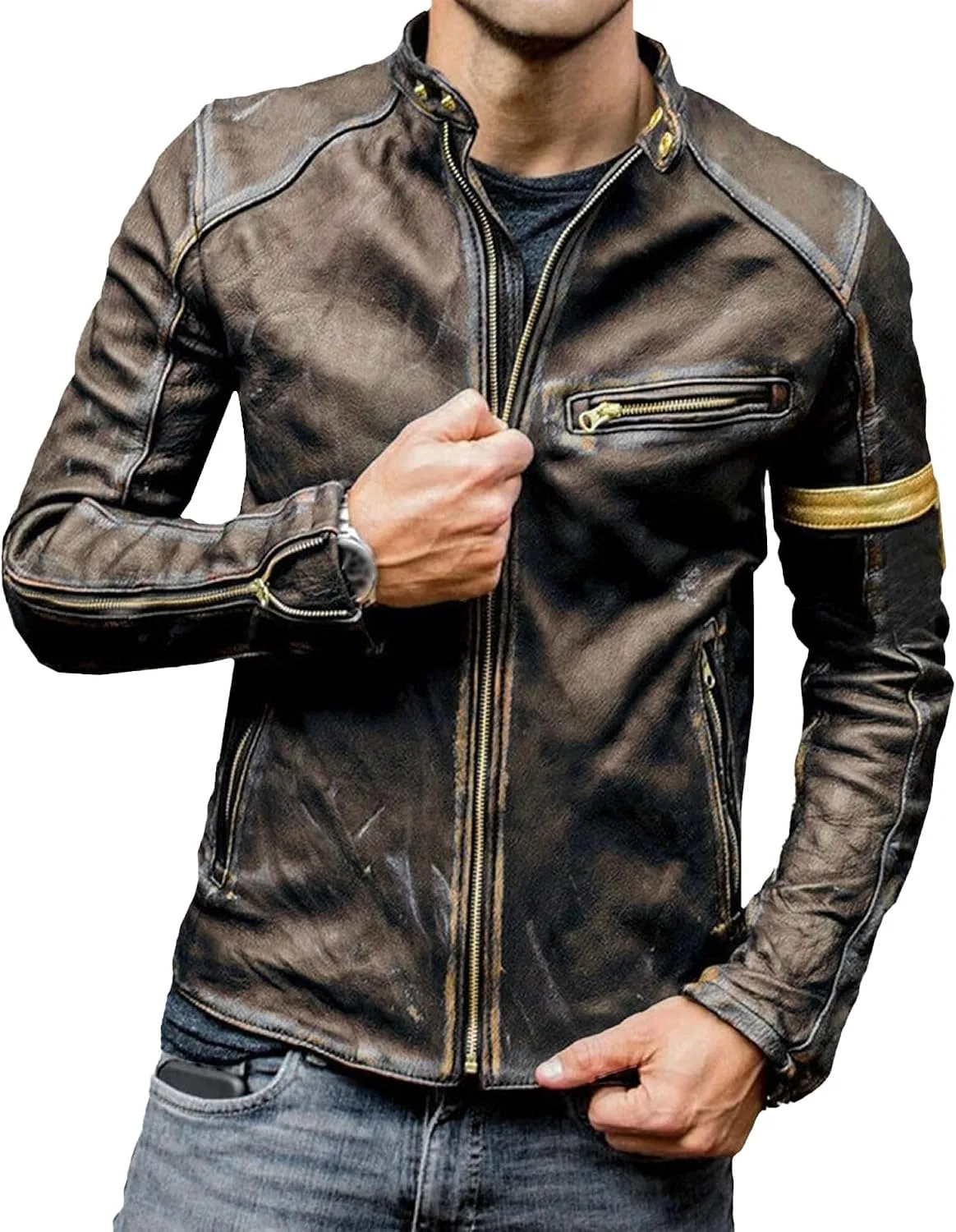 Мужская куртка-косуха с принтом, Faux Leather Biker Style, хаки