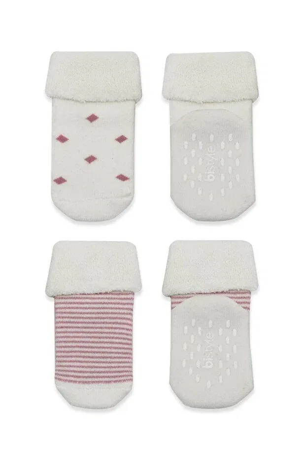 Детские носки с принтом Organic seamless 2-piece pointed circle non-slip towel socks Bistyle, Powder-Ecru — фото 4