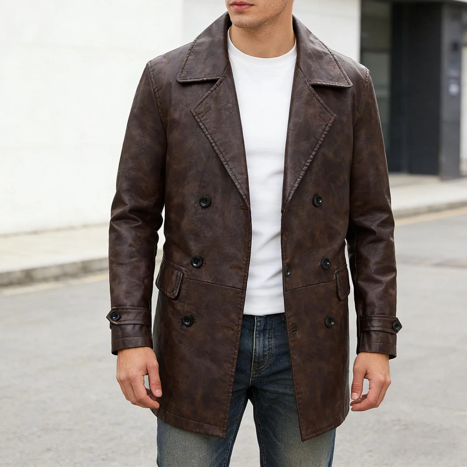 Мужское двубортное пальто-жакет из искусственной кожи с принтом, Slim Fit, Biker Style, кофейный — фото 4