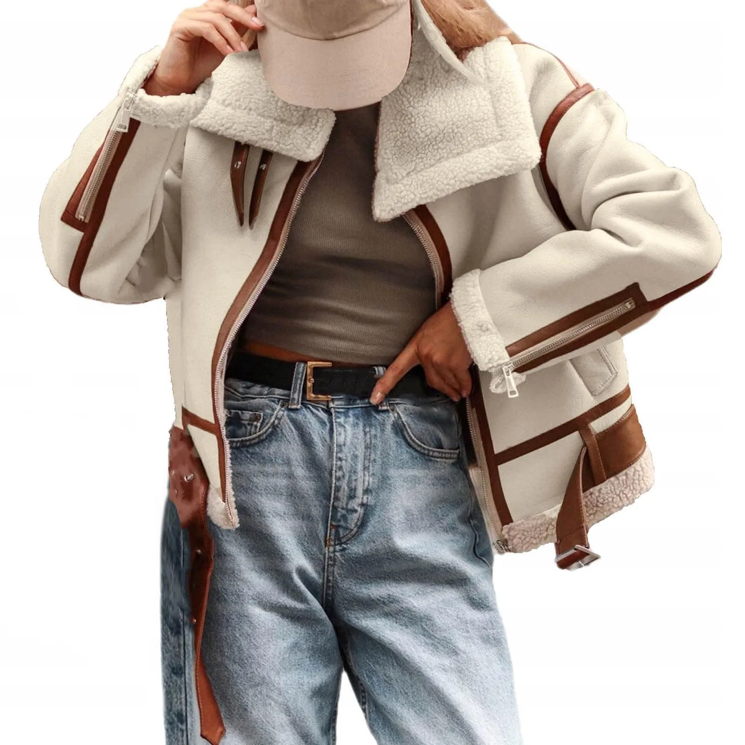 Женское зимнее пальто с лацканами и длинным рукавом Biker Style, White