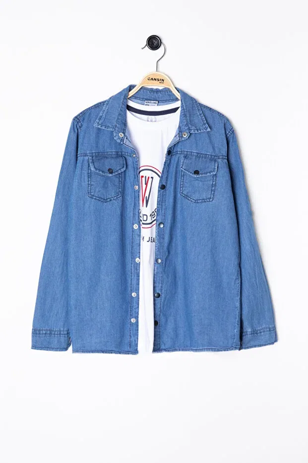 Детская джинсовая рубашка для мальчиков с принтом Blue Crew Neck T-Shirt Boys' Jean Shirt With Chest Pocket Cansın Mini, Blue