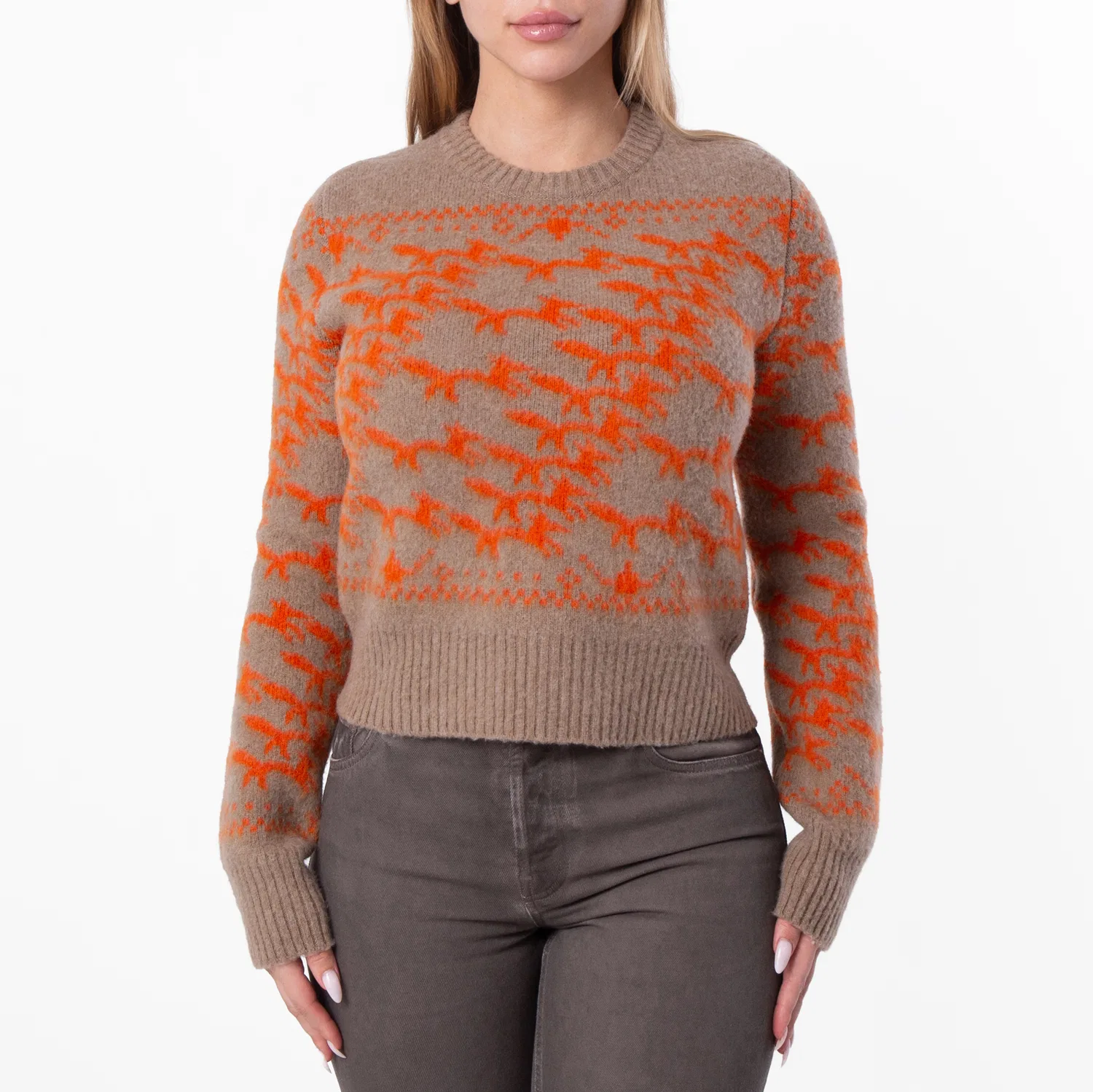 Свитер укороченный с жаккардовым принтом Fox Cropped Fox Jacquard Wool Sweater Burberry, Linden/Orange