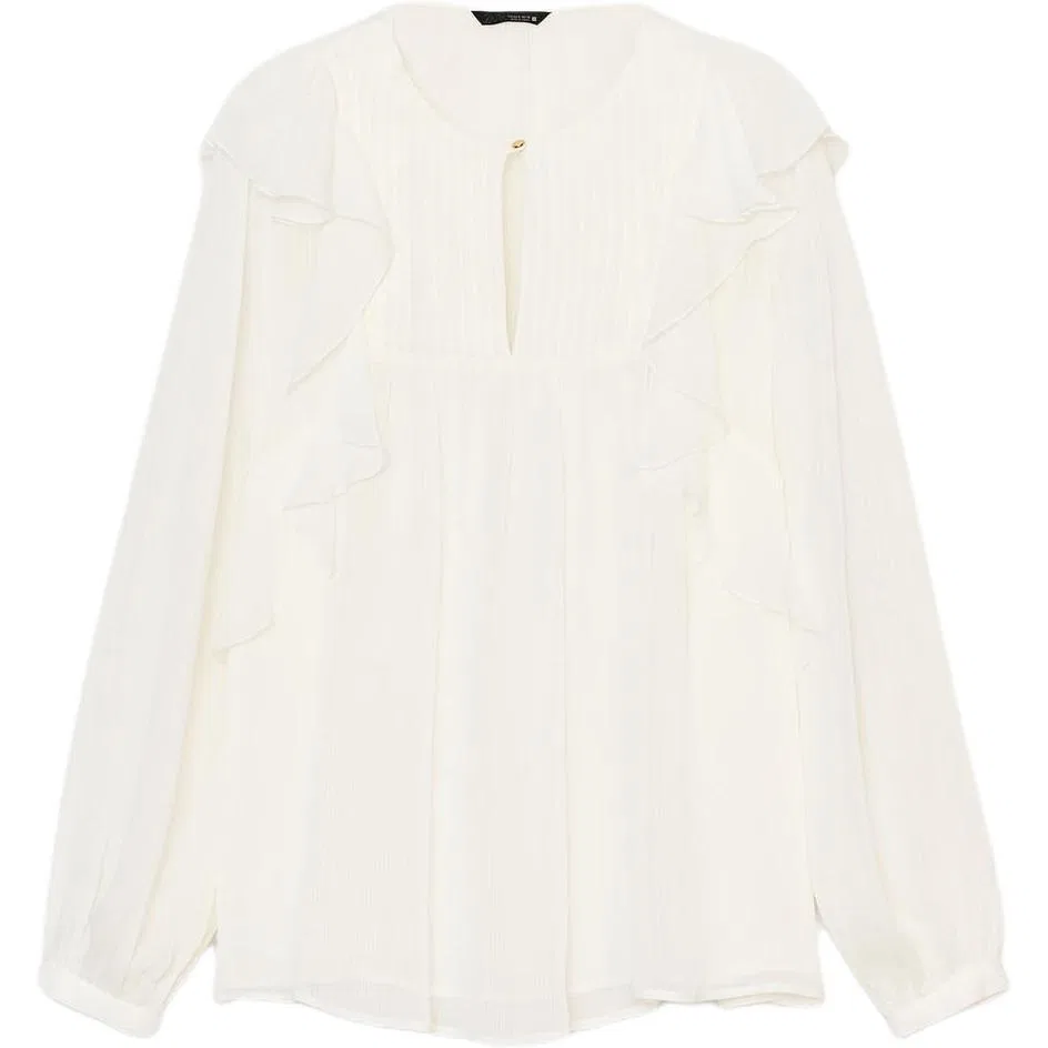 Женская блузка из шифона с круглым вырезом Raw White, ZARA