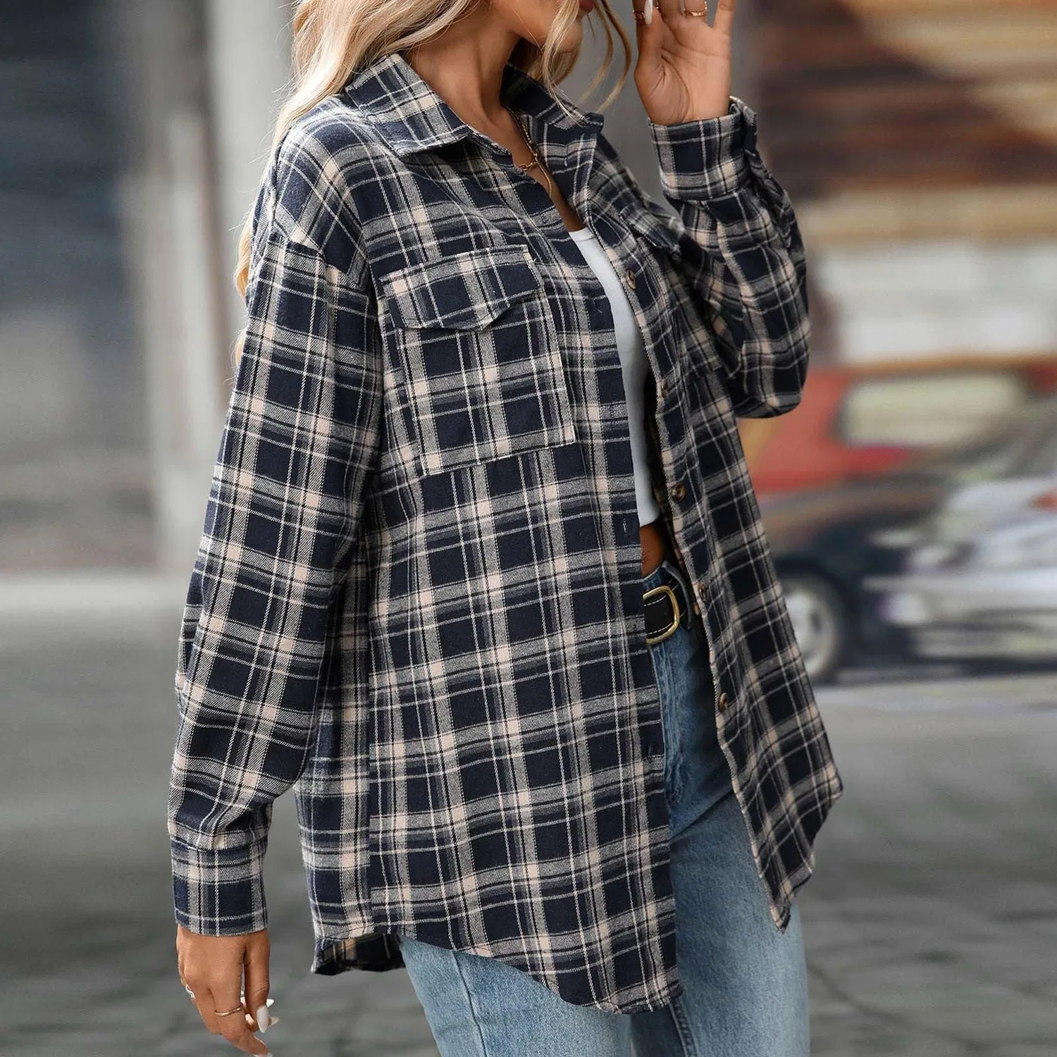 Женская рубашка-жакет с принтом в клетку, модель Plaid Flannel Shirts, Nero — фото 3