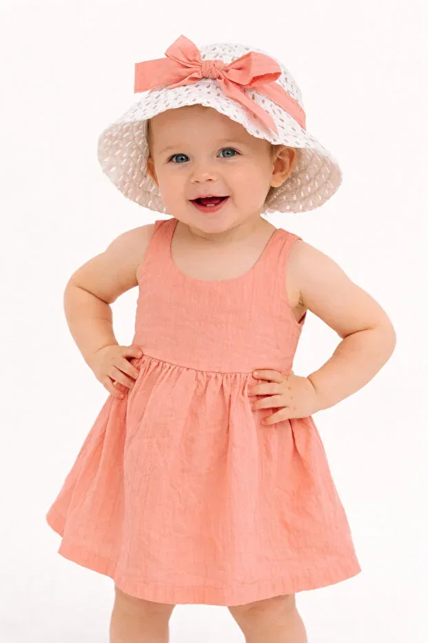Детское платье для девочек хлопковое 2-предметный комплект Sweet baby girl summer dress with bow hat cotton 2-piece dress Chicsy Baby, Salmon — фото 4