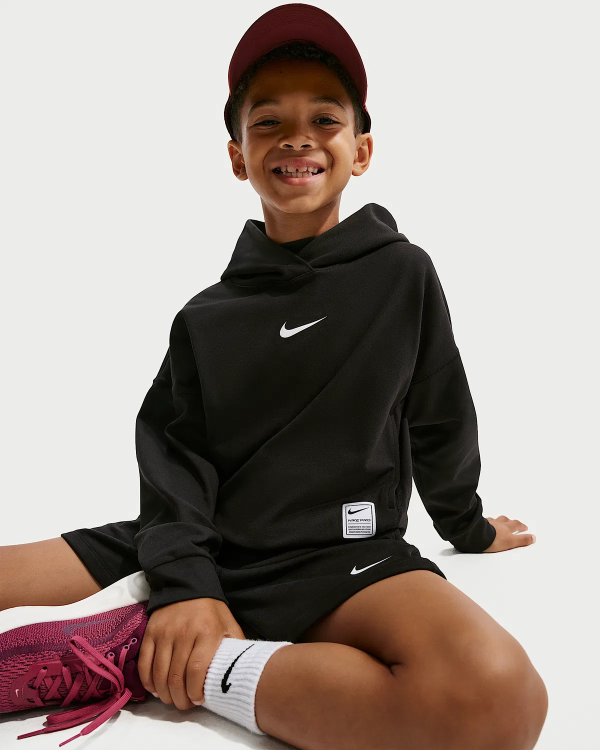 Детская (мальчиковая) флисовая кофта с капюшоном Dri-FIT Nike Pro, Black/White — фото 3