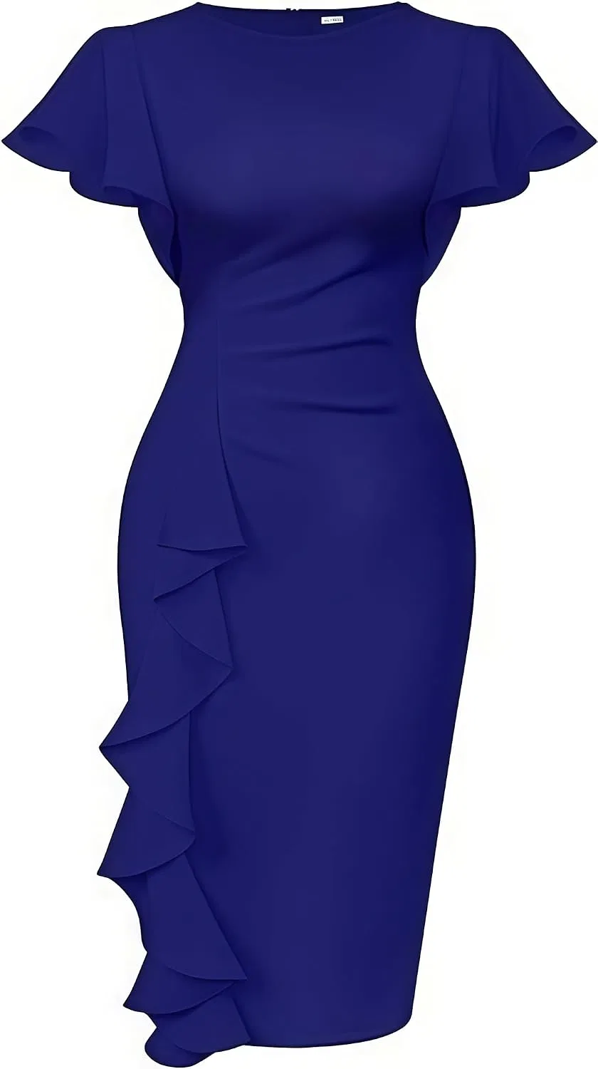 Женское платье-футляр с воланами, модель Elegant Flutter Sleeve Ruffle Bodycon Midi Pencil Dress, королевский синий