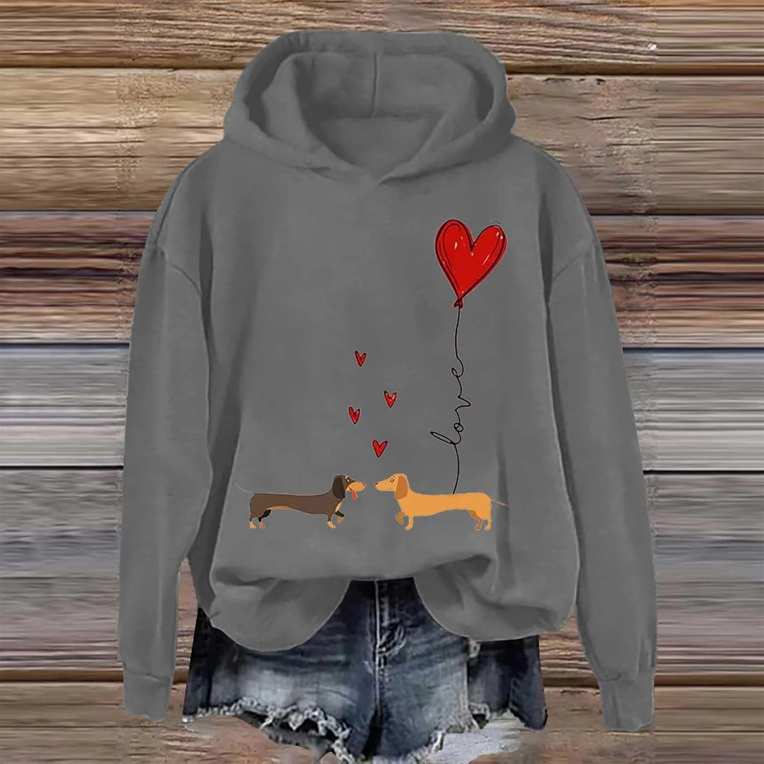 Женский свитшот с принтом таксы и сердцами, Dachshund Hoodie, серый — фото 2
