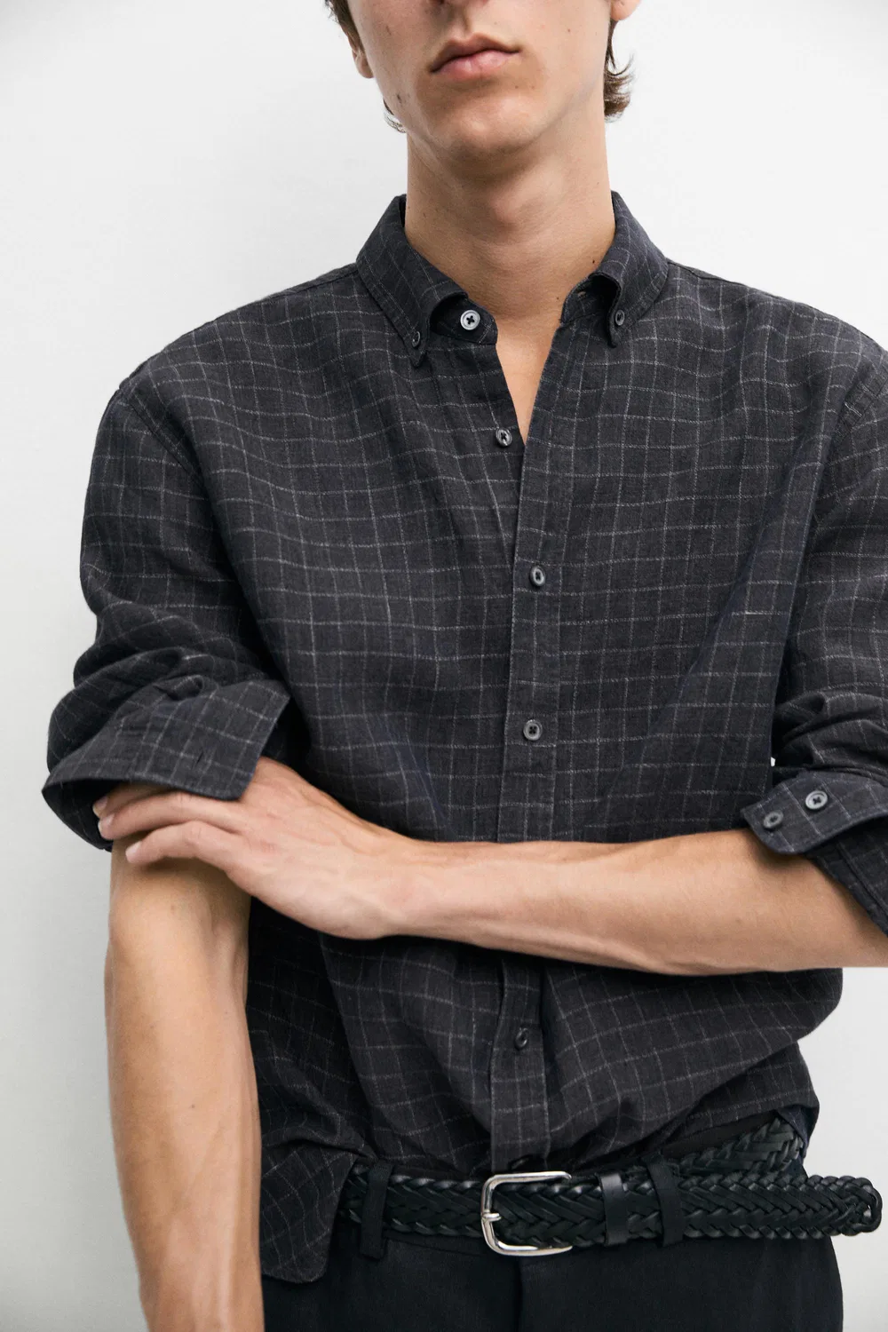 Рубашка в клетку, 100% лен, стандартный крой Massimo Dutti, Lead — фото 4