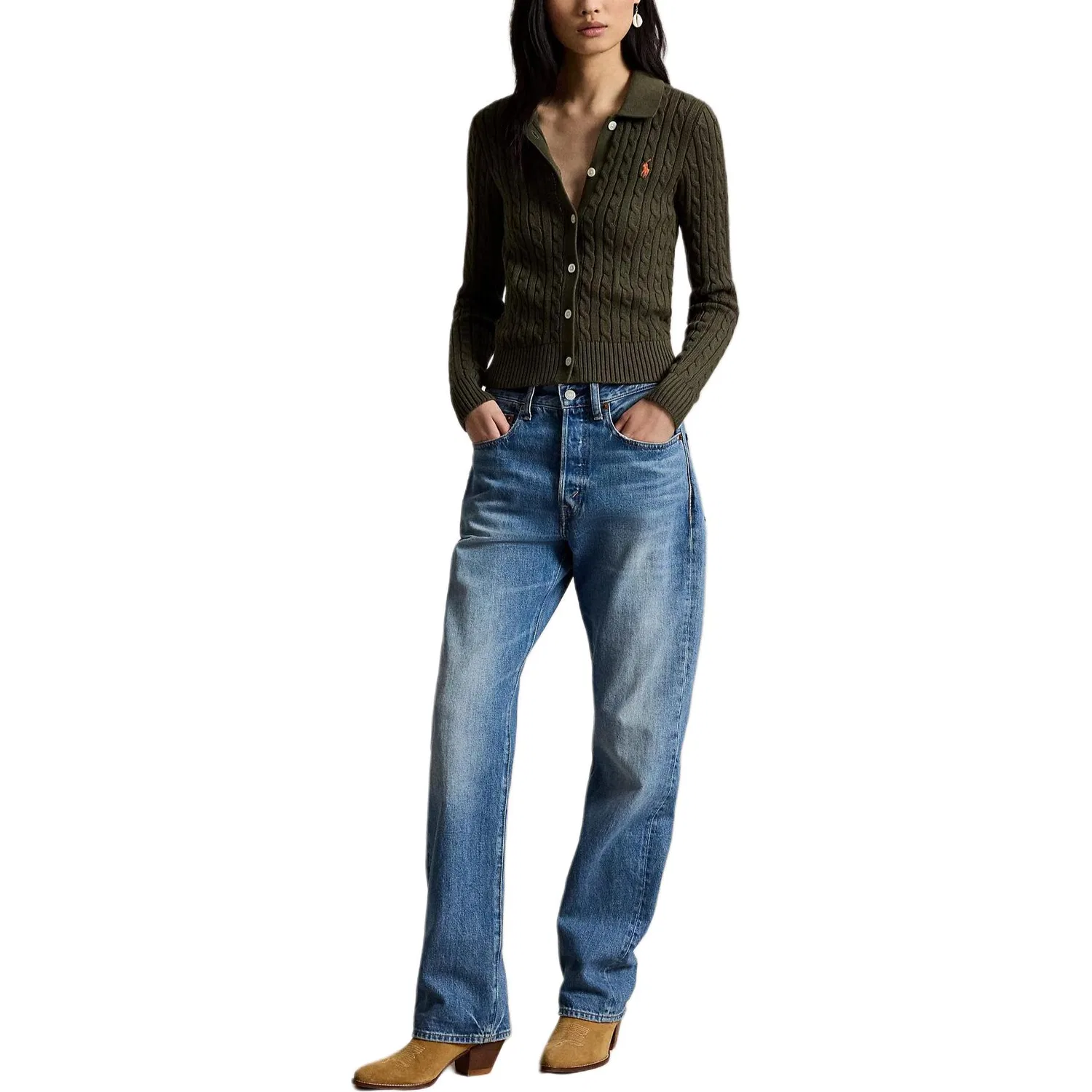 Женское трикотажное изделие с отложным воротником, прямой крой Olive Green, Polo Ralph Lauren, Olive Green — фото 4
