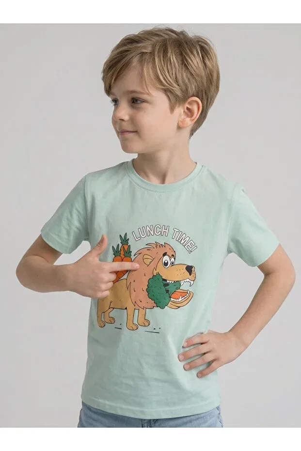 Детская футболка с принтом Cotton Vegan Lion Lunch Edoy, Water Green — фото 2