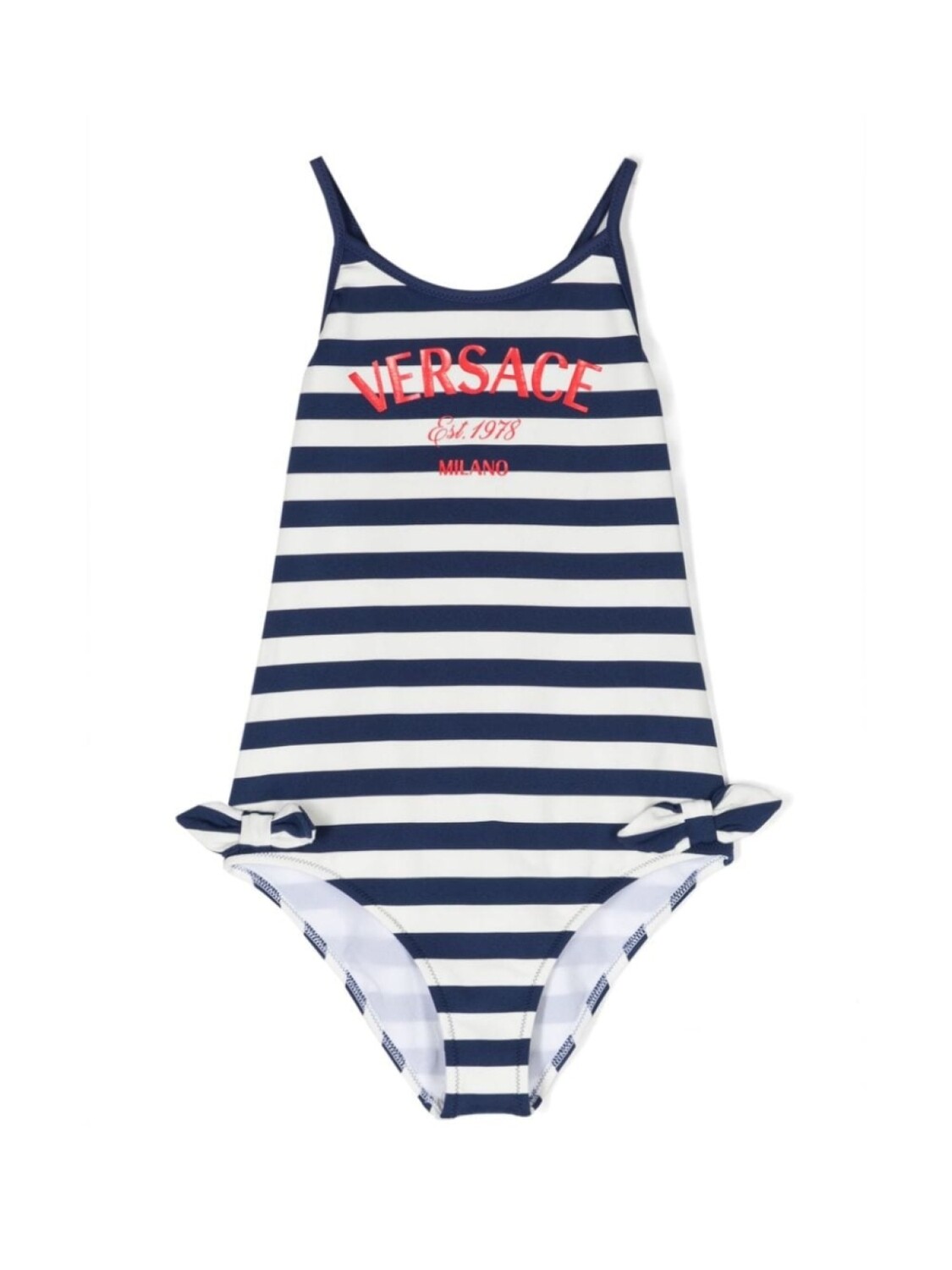 

Versace Kids полосатый купальник с логотипом, синий
