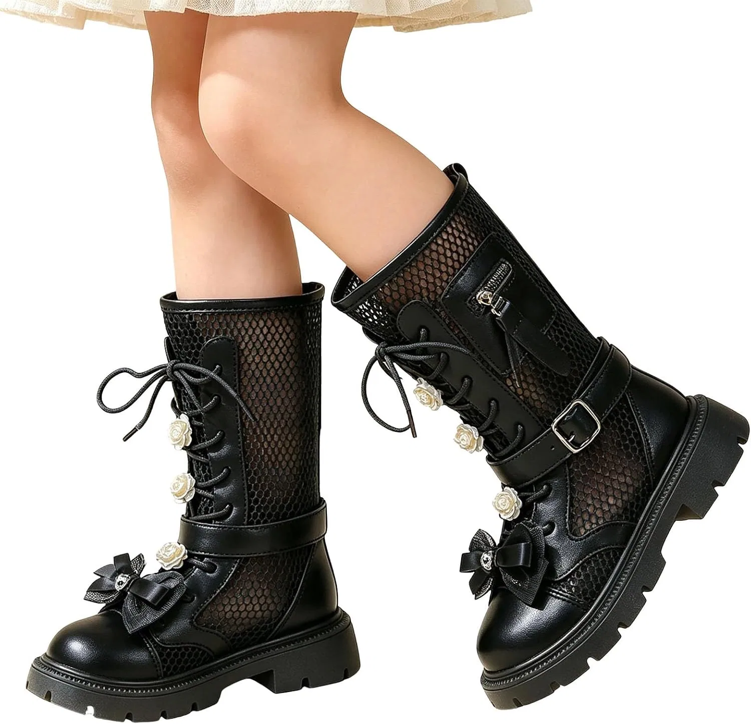 Детские сапоги для девочек с бантом и цветком Zzalalana, Black — фото 4