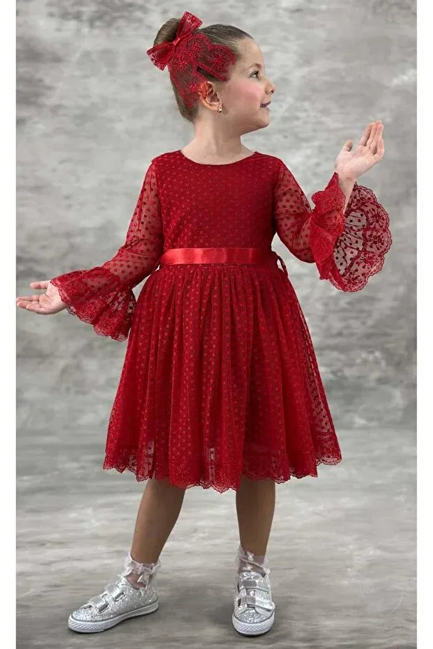 Детское платье для девочек с принтом Polka Dot Detailed Princess Riccotarz, Red