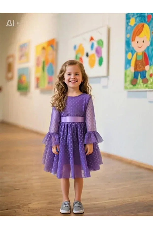Детское платье для девочек с принтом Buckle polka dot puffy tulle dress Lunas Tekstil, Lilac