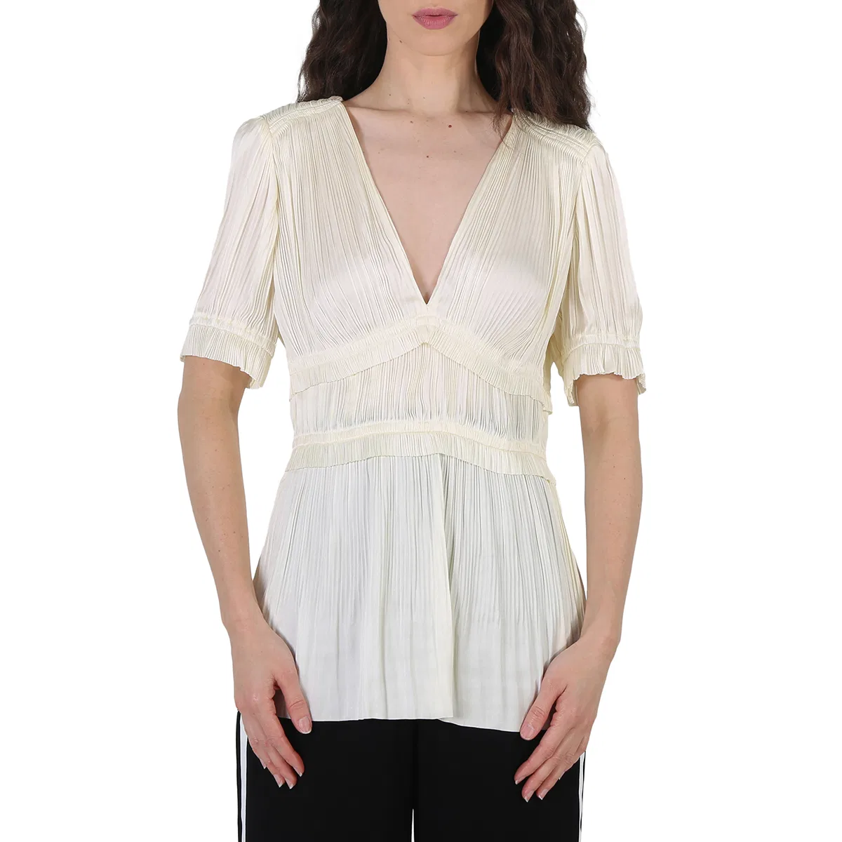 Блуза с V-образным вырезом и коротким рукавом Joclyn Pleat Satin Polo Ralph Lauren, White