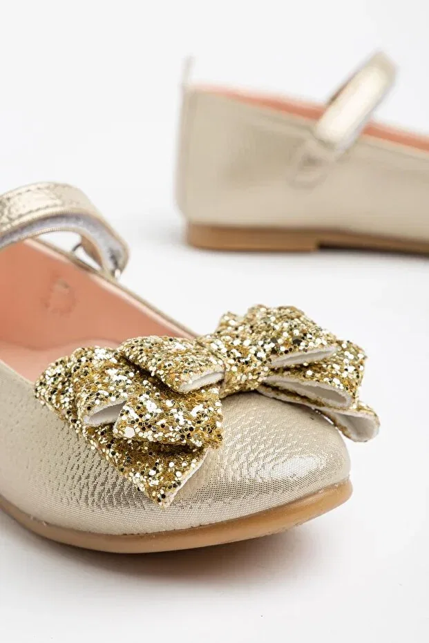 Детские балетки для девочек с бантом Orthopedic sole bowknot casual girls' ballerinas Pabuçland, Gold — фото 4