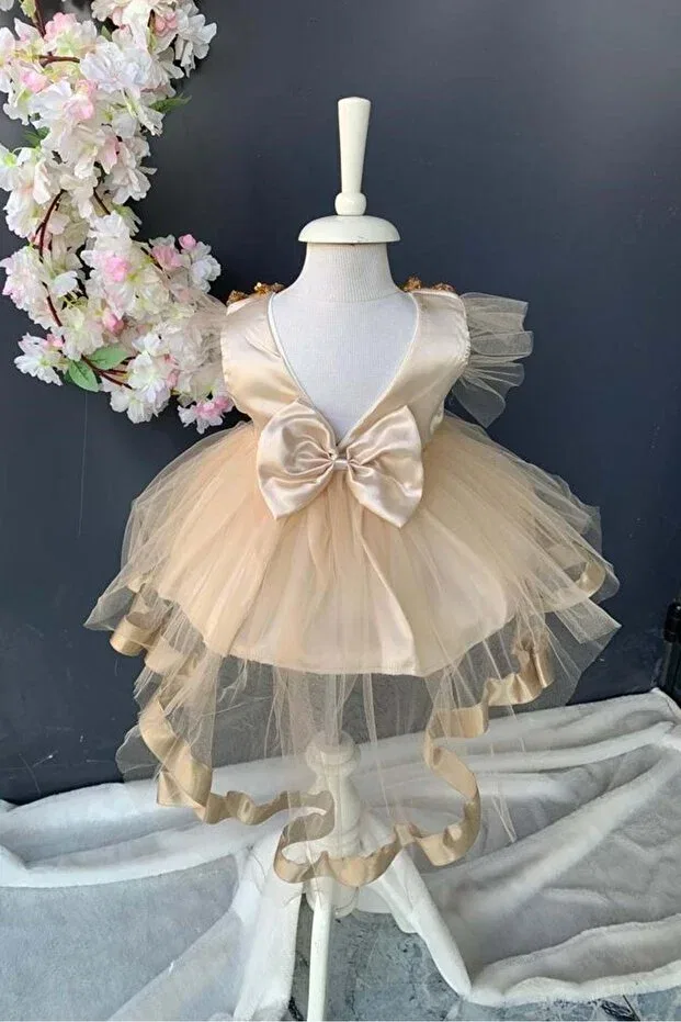 Детское платье для девочек с пайетками Sequin Bow Satin Baby Girl Mevlütluk Dress Mnk Baby&Kids, Beige — фото 2
